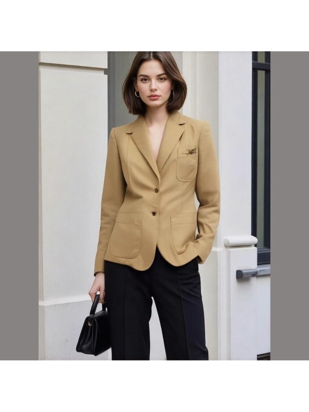 70s ETIENNE AIGNER TAILORED EQUESTRIAN TAN BLAZER W BRASS & LEATHER ACCENTS 8